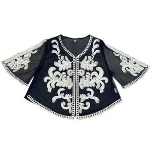 Vivid Black Floral Embroidered Sheer Whimsygoth Boho Fairy Duster Kimono 1X